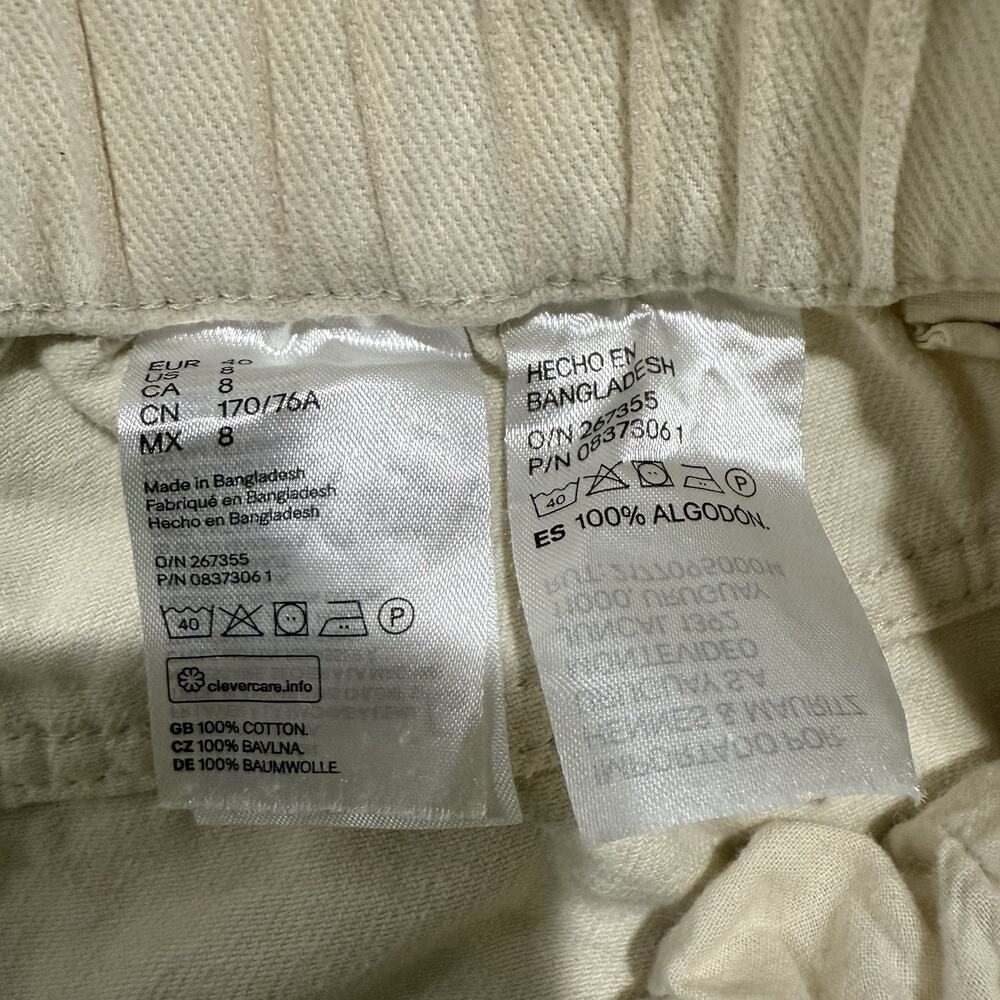 H&M 100% Cotton Pants Beige Elastic Paperback Waist Trousers Pockets Women’s 8 - Picture 5 of 11